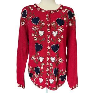 Tiara International Vintage Embroidered Knit Cardigan Floral Hearts Womens Small